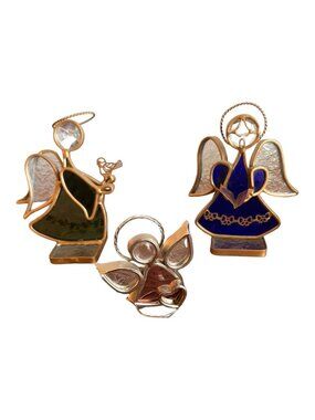 Stained Glass Angel Figurines Set With Brass Accents Cobalt Green & Pink Details